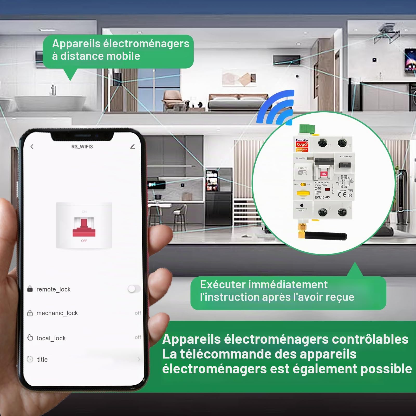 Disjoncteur différentiel 40A WiFi Réarmement automatique Disjoncteur différentiel intelligent 220V 2P Protection contre les fuites Contrôle TUYA Réactivation en mode automatique.