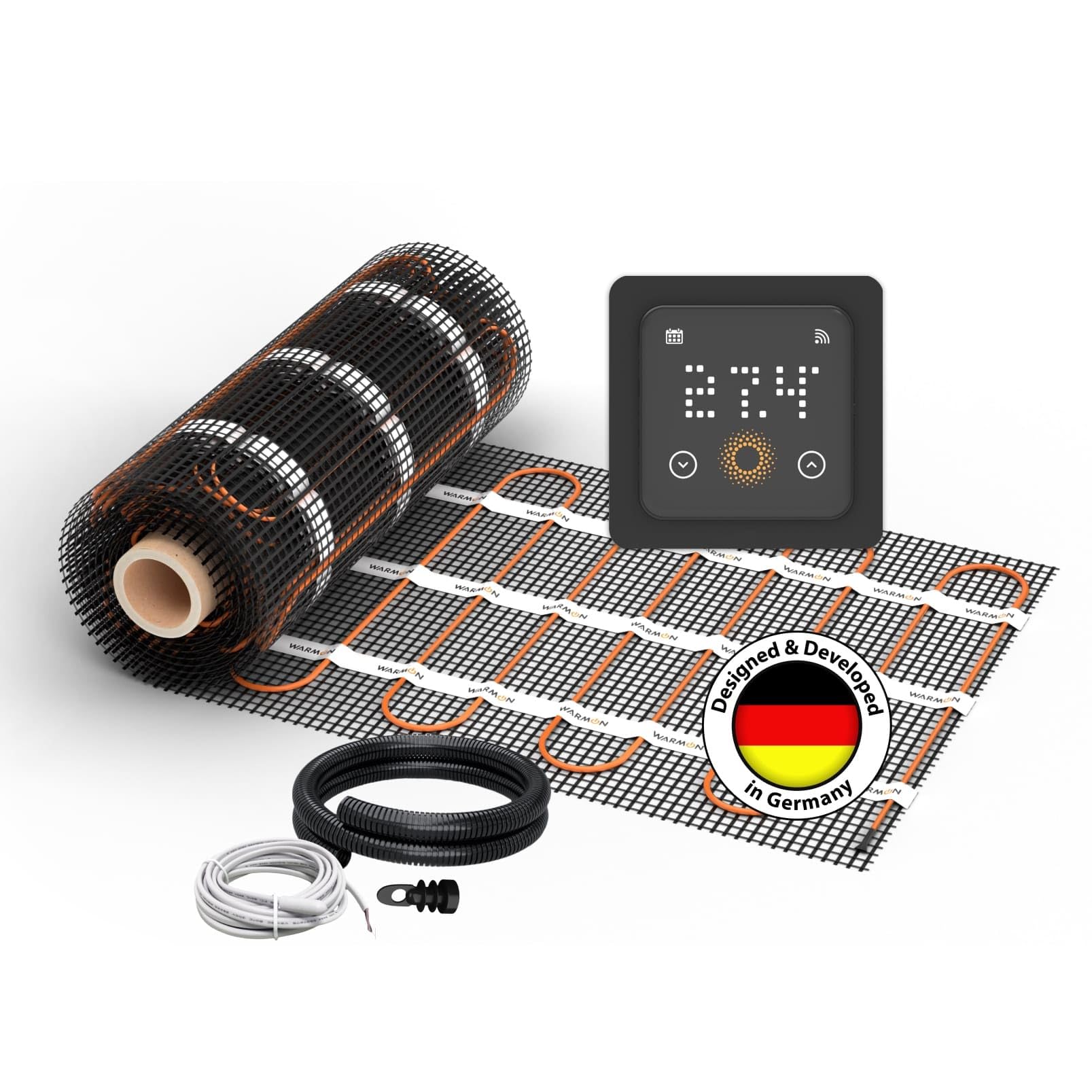 Elektrische Fußbodenheizung: Heizmatte WARMON CLASSIC LIGHT 100 W/m² inkl. Touch WiFi Thermostat(25A), Thermostat:TS 500 WiFi Schwarz, Mattengröße:1,5 m²