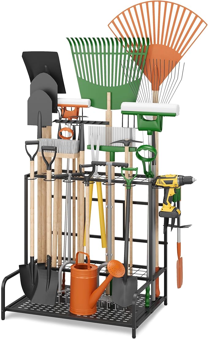 Garden Tool Organizer Rack Up to 50 Tools, Heavy-Duty Steel Yard Tool Organizer for Garage Storage with 11 Hooks, Broom Holder & Garden Tool Rack for Shed, Patio, Outdoor Use, Black