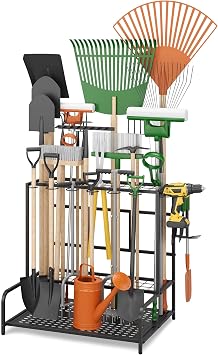 Sttoraboks Garden Tool Organizer Rack Up to 39 Tools, Heavy-Duty Steel Yard Tool Organizer for Garage Storage with 12 Hooks, Broom Holder & Garden Tool Rack for Shed, Patio, Outdoor Storage, Black