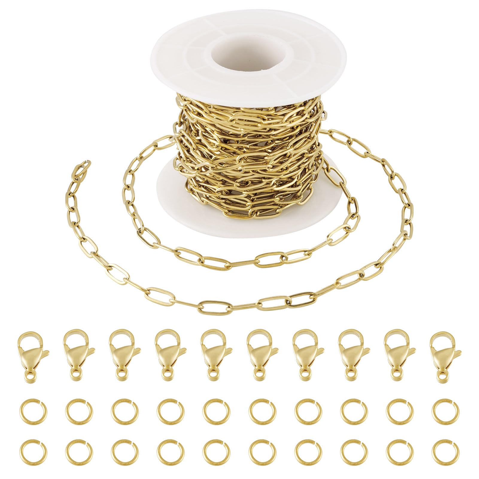 Sparkeads 18K Gold Plated Paperclip Chains 16.4 Feet Stainless Steel Oval Link Soldered Chains with Lobster Clasps Jump Rings for Craft DIY Bracelet Necklace Women Key Chain Accessory