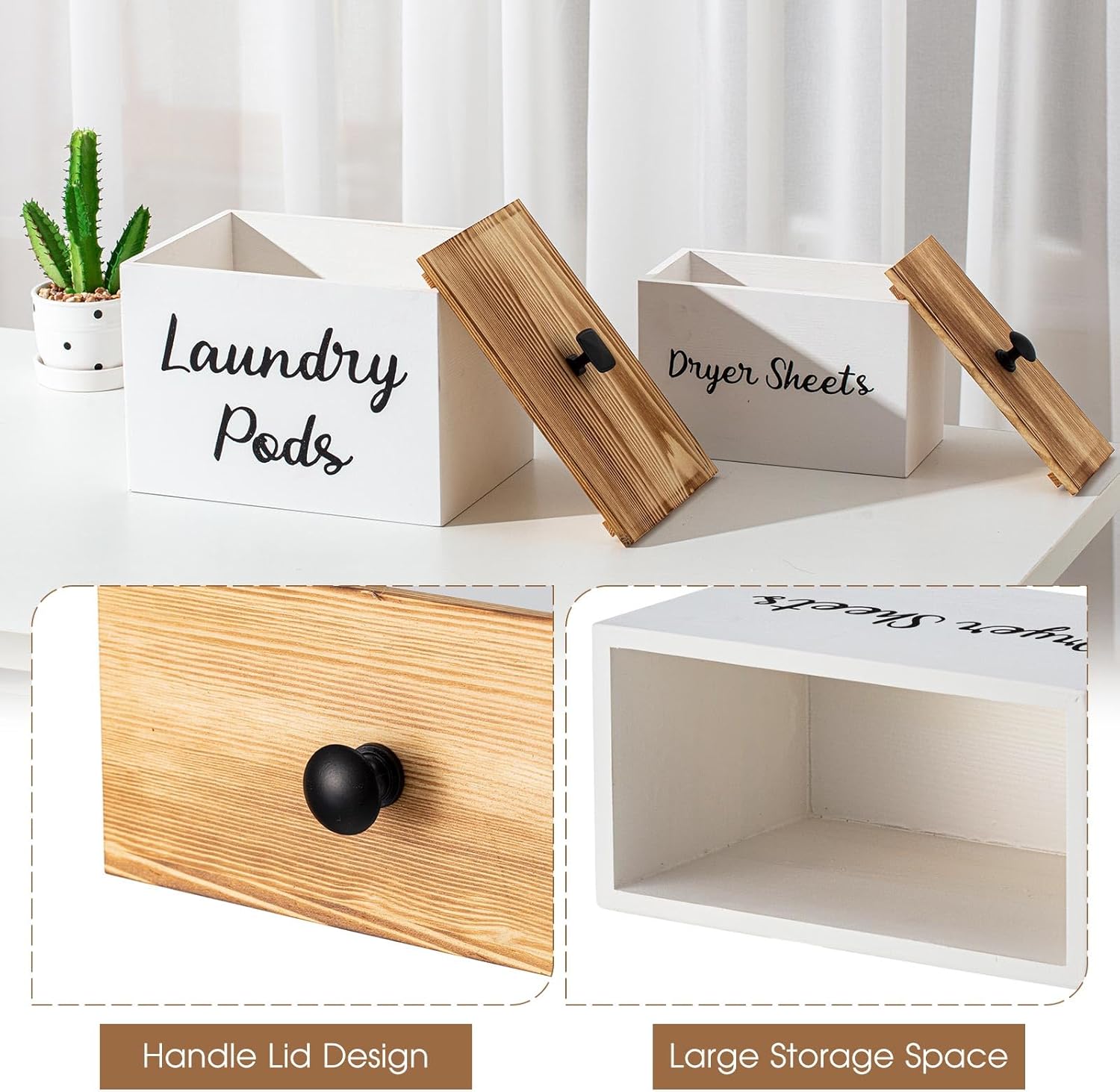 Dandat 2 Pcs Wood Rustic Laundry Dryer Sheet Holder Pod Container with Lid 8.7 x 6.3 x 6.4 Inch Laundry Pod Holder 7.3 x 3.7 x 5 Inch Dryer Sheet Dispenser Wooden Box Container(White)