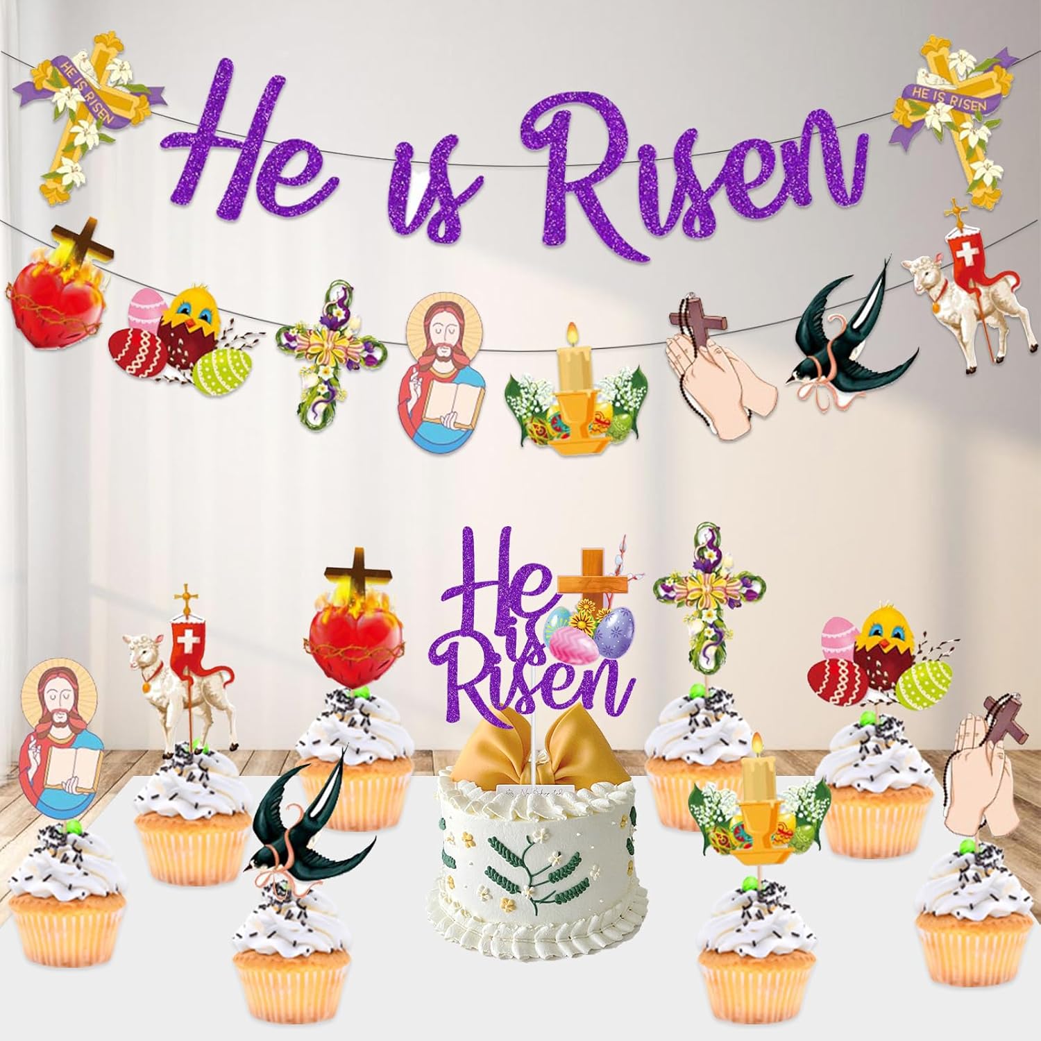 Easter Party Decorations He is Risen Decorations include He is Risen Banner Cake Topper Christian Jesus Religious Banner for Easter Spring Party Home Decorations
