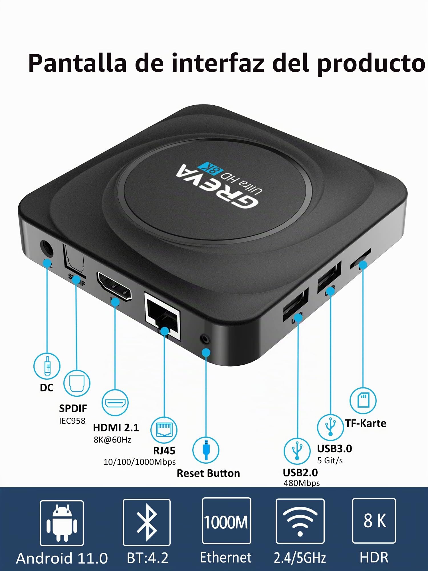 GREVA Android TV Box 8K, Smart TV Box Android 11.0 RK3566 CPU 4GB RAM 32GB ROM, Streaming Media Player Dual-Band 2.4/5.8Ghz 100/1000M Ethernet Soporte HDR 3D BT 5.0 USB3.0 Android Box