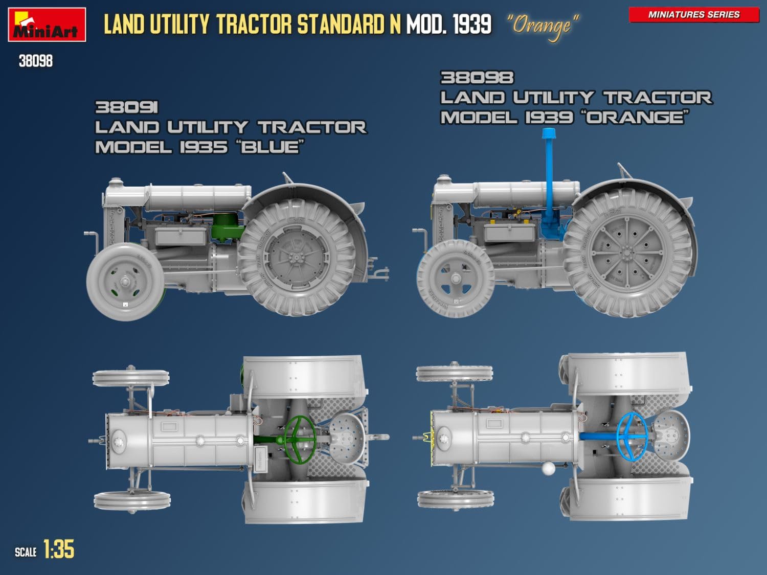 Mini-Art MA38098 Land Utility Traktor Standard N Orange 1939 Modell, Kunststoffmodell