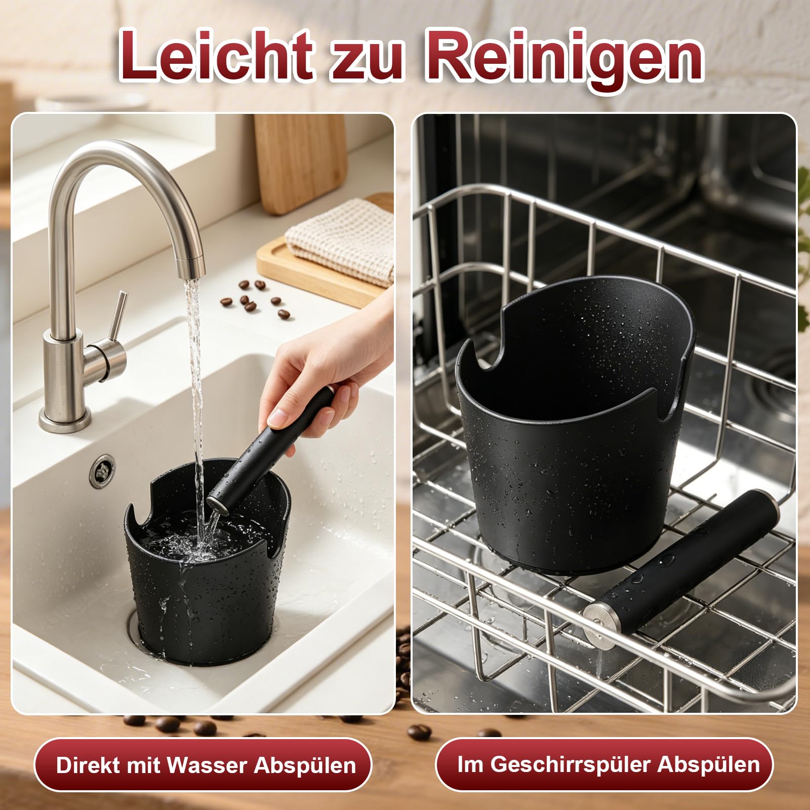 Abklopfbehälter für Siebträger Set, 6PCS Kaffeesatz Abschlagbehälter mit Tampermatte, Kaffeestampfer, Nadel, Reinigungsbürste, Tuch, Groß Knock Box mit Abnehmbarer Metall-Klopfstange Schwarz