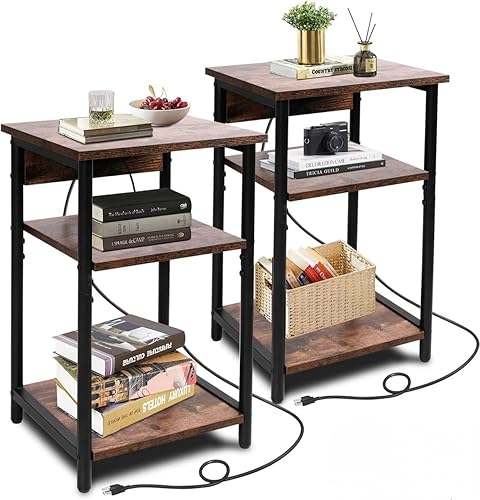 Mesita de noche con estación de carga, juego de 2 mesas laterales estrechas con puertos USB y tomas de corriente, mesa auxiliar de almacenamiento de