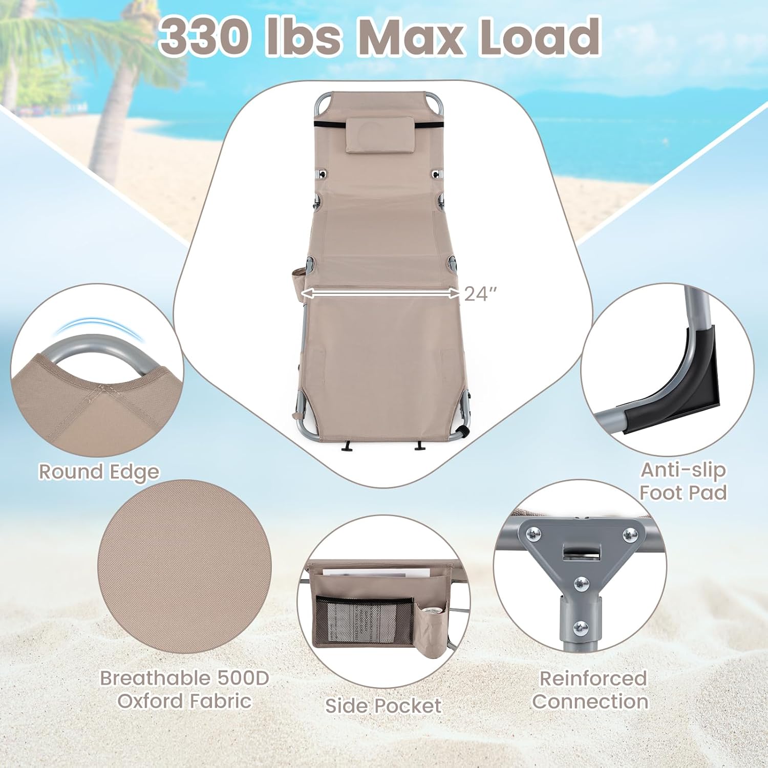 Goplus Tanning Chair with Face Arm Holes, Portable Sunbathing Chair w/4-Level Backrest, Head Pillow, Patio Lay Flat Folding Chaise Lounge with Side Pocket, Shoulder Strap for Pool Beach (1,Beige)