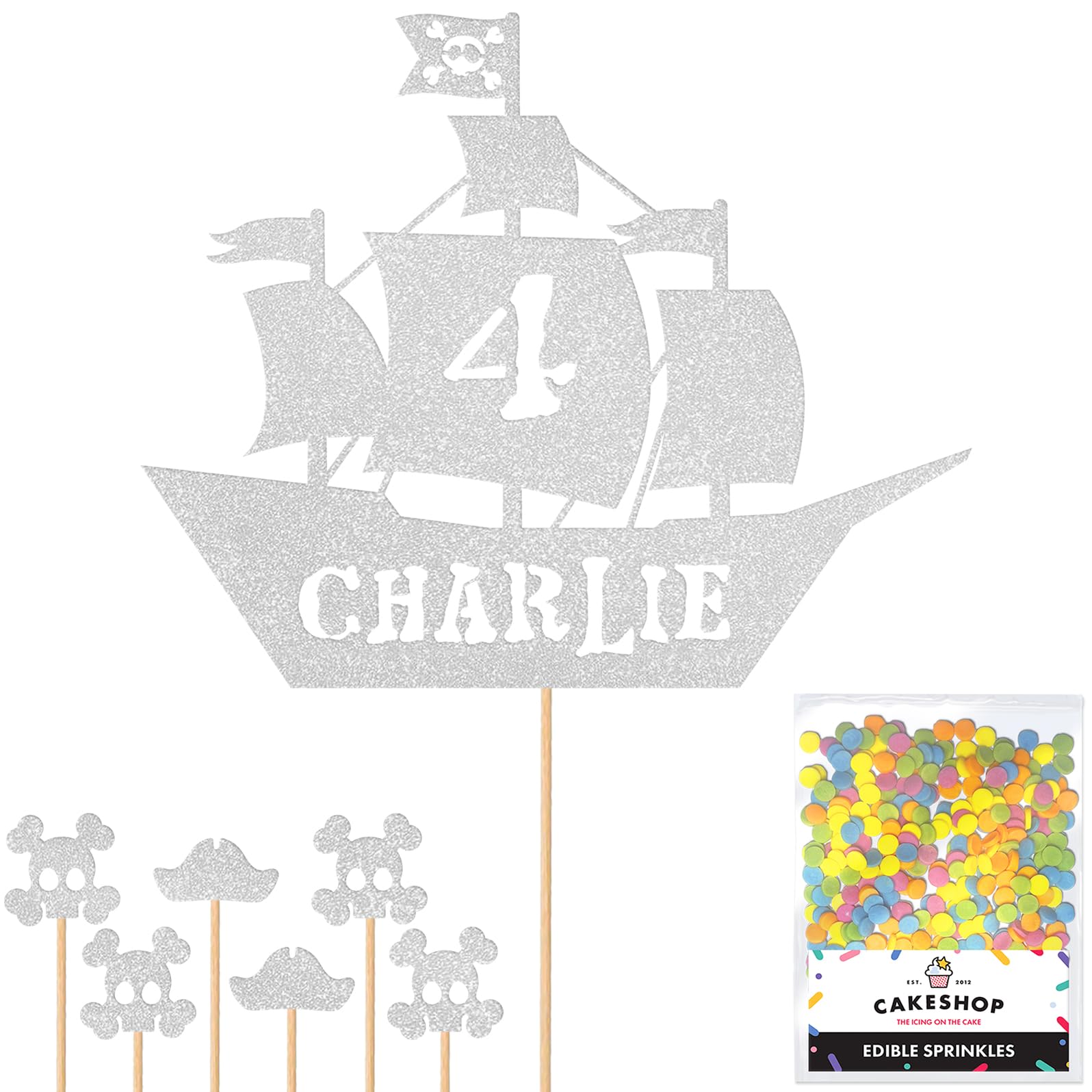 Personalised Birthday Pirate Ship Glitter Cake Topper Silver Any Custom Age & Name Glitter Cake Decoration and Sprinkles - Happy Birthday Decorations - Personalised Toppers for Cakes by Cakeshop