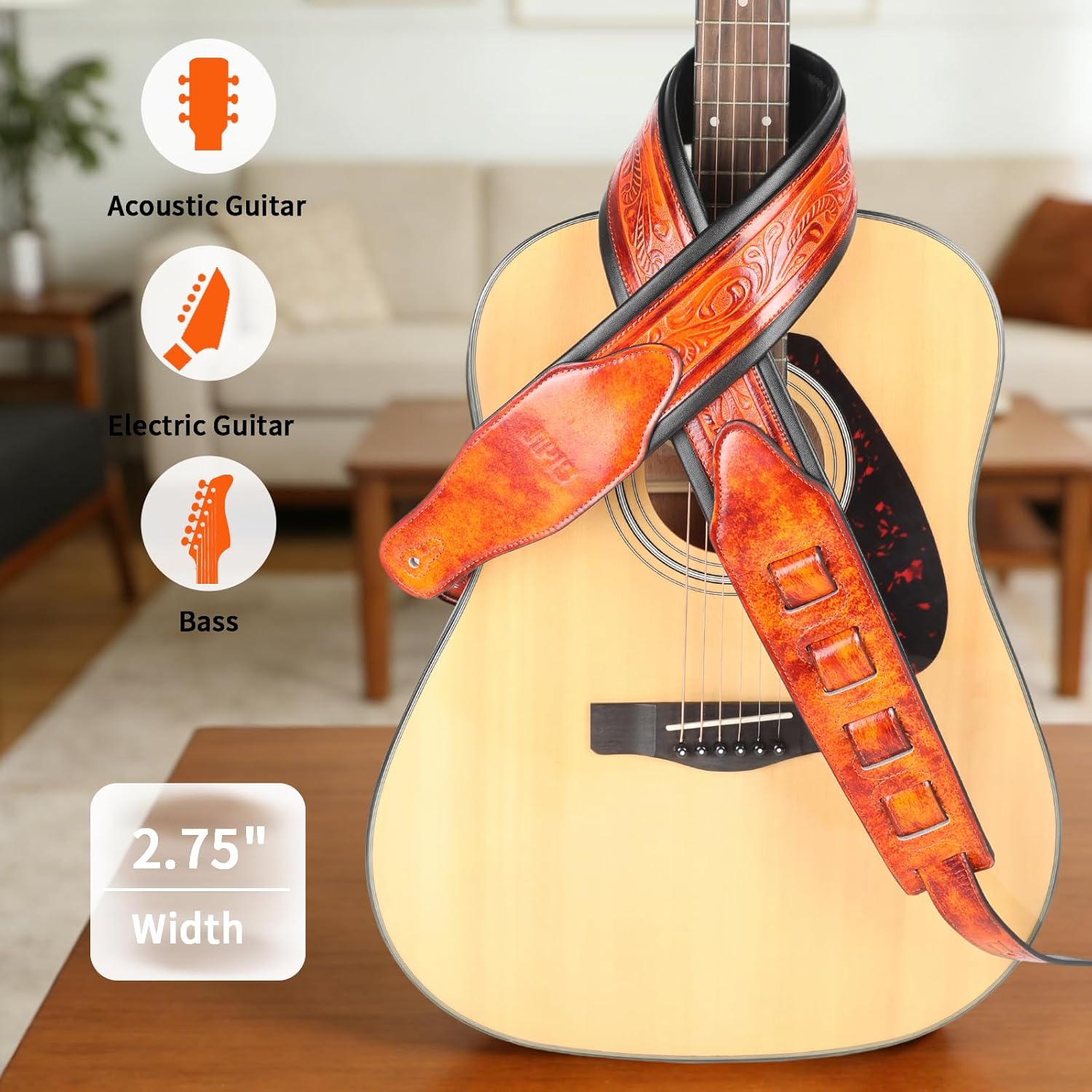 Leather Guitar Strap,Vintage Bourbon Brown,2.75" Soft Padded Strap Classic Pattern for Bass,Electric&Acoustic Guitar