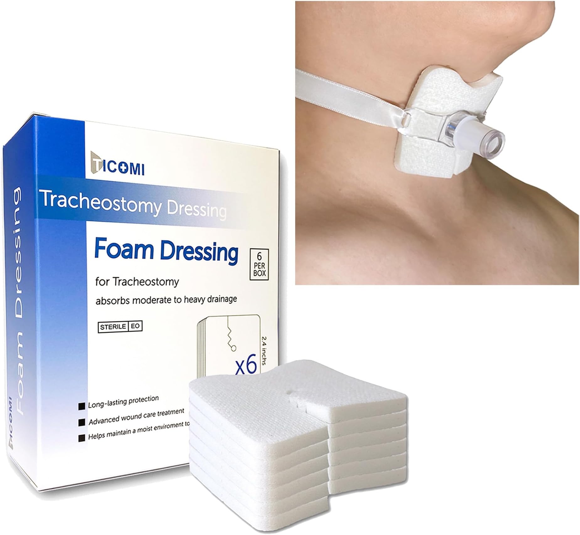 Ticomi 気管切開ドレッシングパッド、滅菌パッケージ厚めスポンジドレッシングパッド、トラックホルダーと併用、様々なカテーテル&ホルダーに適しており、1箱6個、ホワイト、6X6
