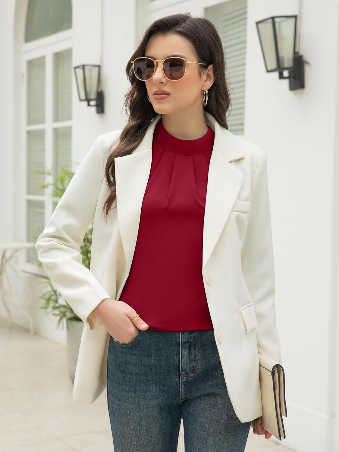 Funlingo Women's Long Sleeve Tops Dressy Casual Mock Neck Work Blouse Fall Trendy Front Pleated Tunic Chiffon Shirts - Image 3