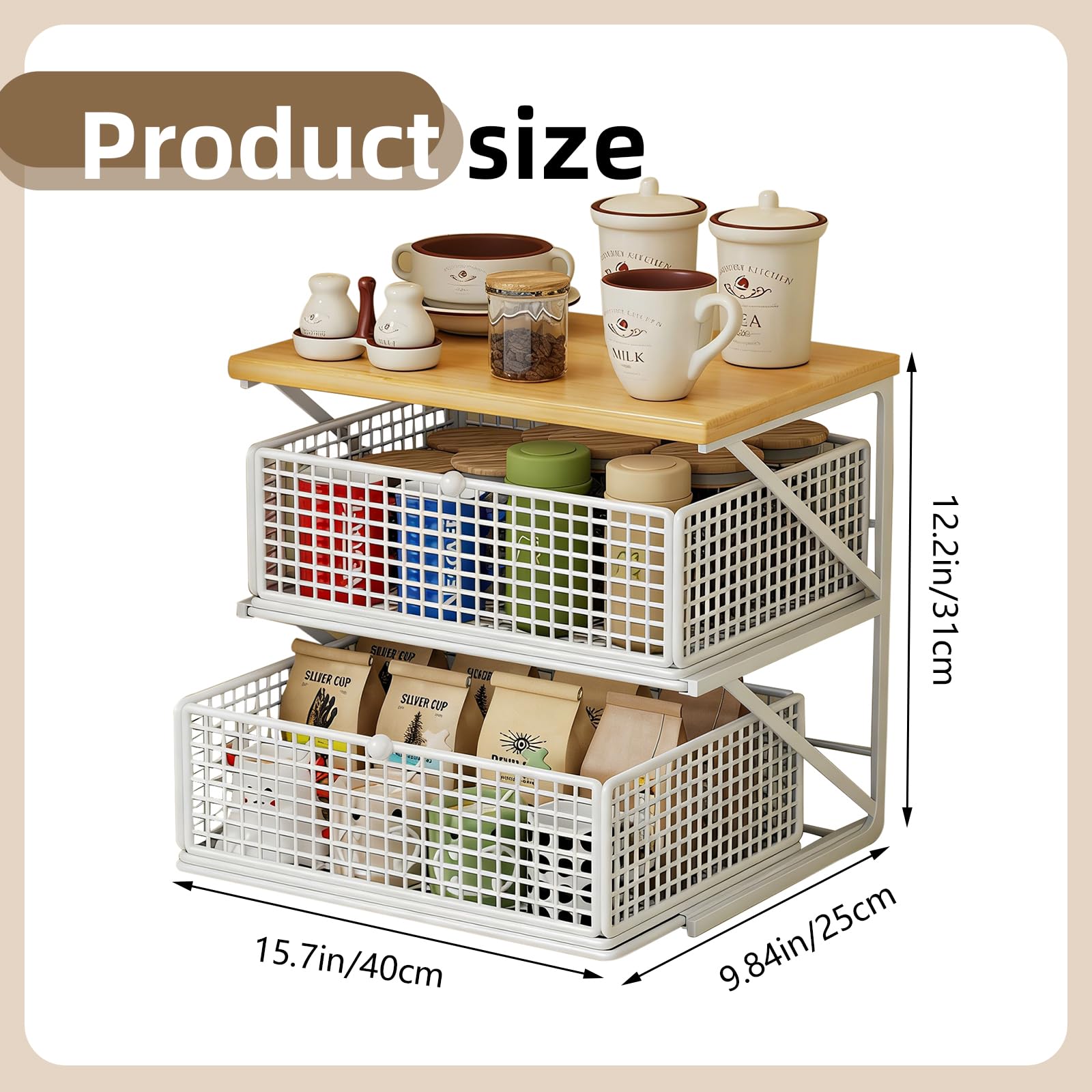 Metall Küchenorganizer Arbeitsplatte, Ausziehbare Schubladen, Multifunktionaler Tisch-Aufbewahrungsregal für Snacks, Teebeutel, Kaffeemaschine, Platzsparender Organizer (Weiß+Naturholzfarbe)