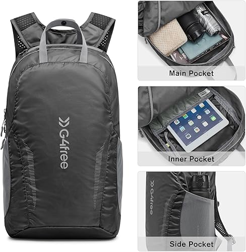 Miniatura 3 de G4Free Mochila de senderismo ligera de 25 litros plegable para viajes deportivos, resistente al agua, para mujeres y hombres, Negro -, Viajes al
