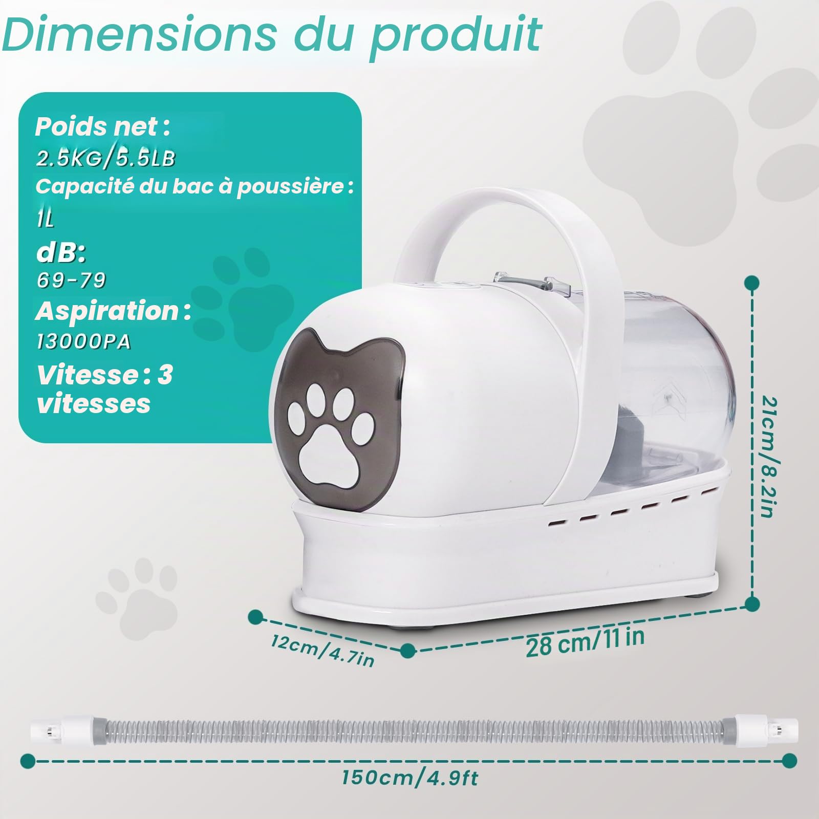 Tondeuse pour chien avec aspirateur, 13000 PA avec 7 outils d'entretien, tondeuse à pattes, brosse, peigne, 3 niveaux d'aspiration réglables