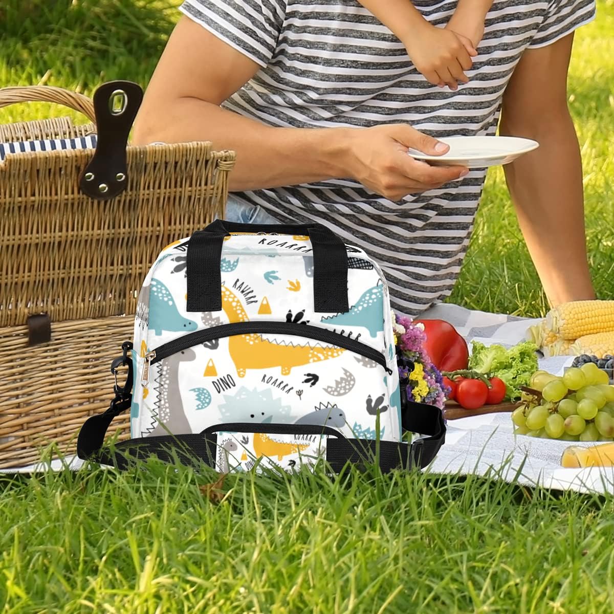 Cute Dinosaur Animal Insulated/Cooler Lunch Bags for Women Men Girls Boys Dinosaur Eggs Footprint Lunch Tote Bag with Detachable Shoulder Strap for Work Picnic Camping