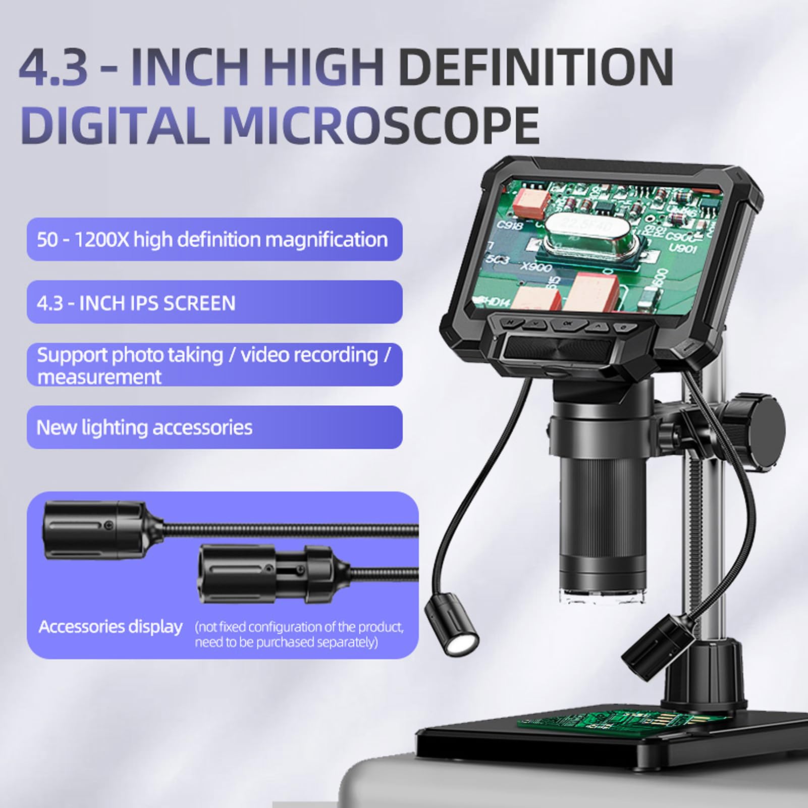 Annadue Digitalmikroskop, 1080P Video 10 MP Bild 50X Bis 1200X Digitalmikroskop mit 4,3-Zoll-Bildschirm, Lichter für Erwachsene Studenten Jungen Mädchen