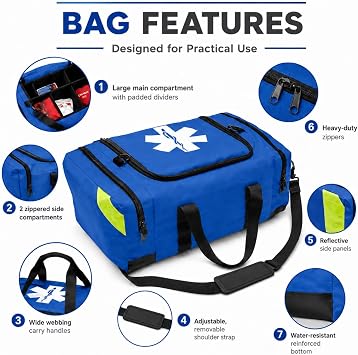 NOVAMEDIC NM-4124 Empty Trauma First Aid Medical Bag, 21x15x5, Multi Compartment First Responder Carrier for EMT, Paramedics, Emergency and Medical Supplies Kit, Lightweight and Durable (Blue)