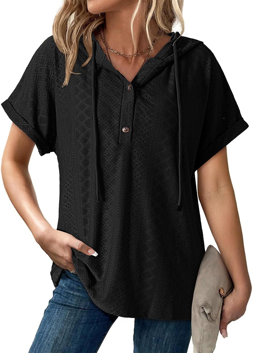 Dokotoo Sweatshirts for Women Spring Summer Hollow Out Hoodies Drawstring Button V Neck Short Sleeve Pullover Sweatshirt