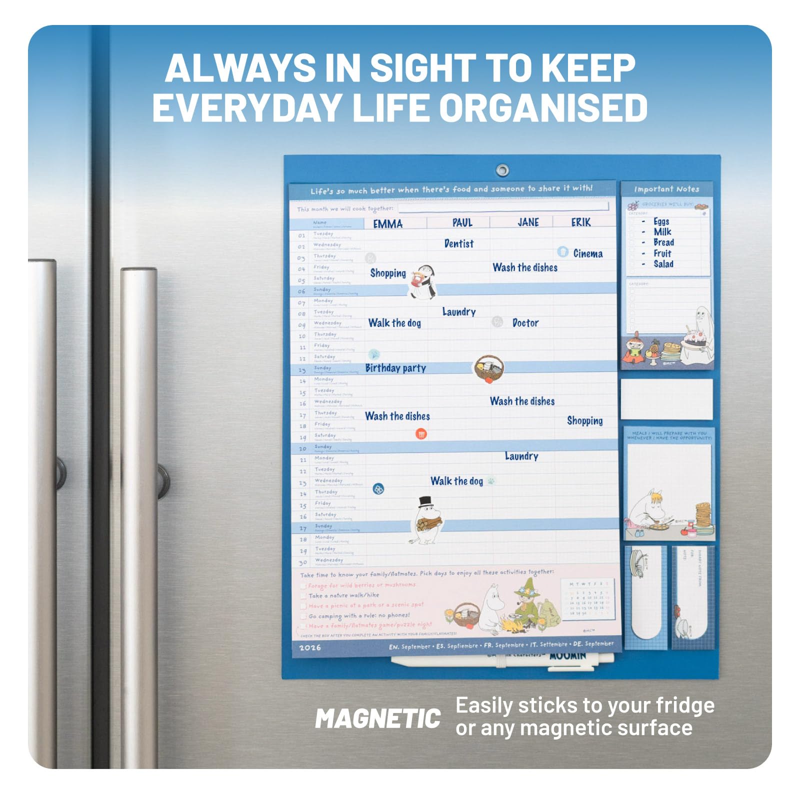Grupo Erik Magnetic Calendar For Fridge 2027 - Moomins Gifts for Family | Family Planner Calendar 2027 with Stickers, Pen, Shopping List, Sticky Notes | Magnetic Planner 16 Months Sep 2026 - Dec 2027