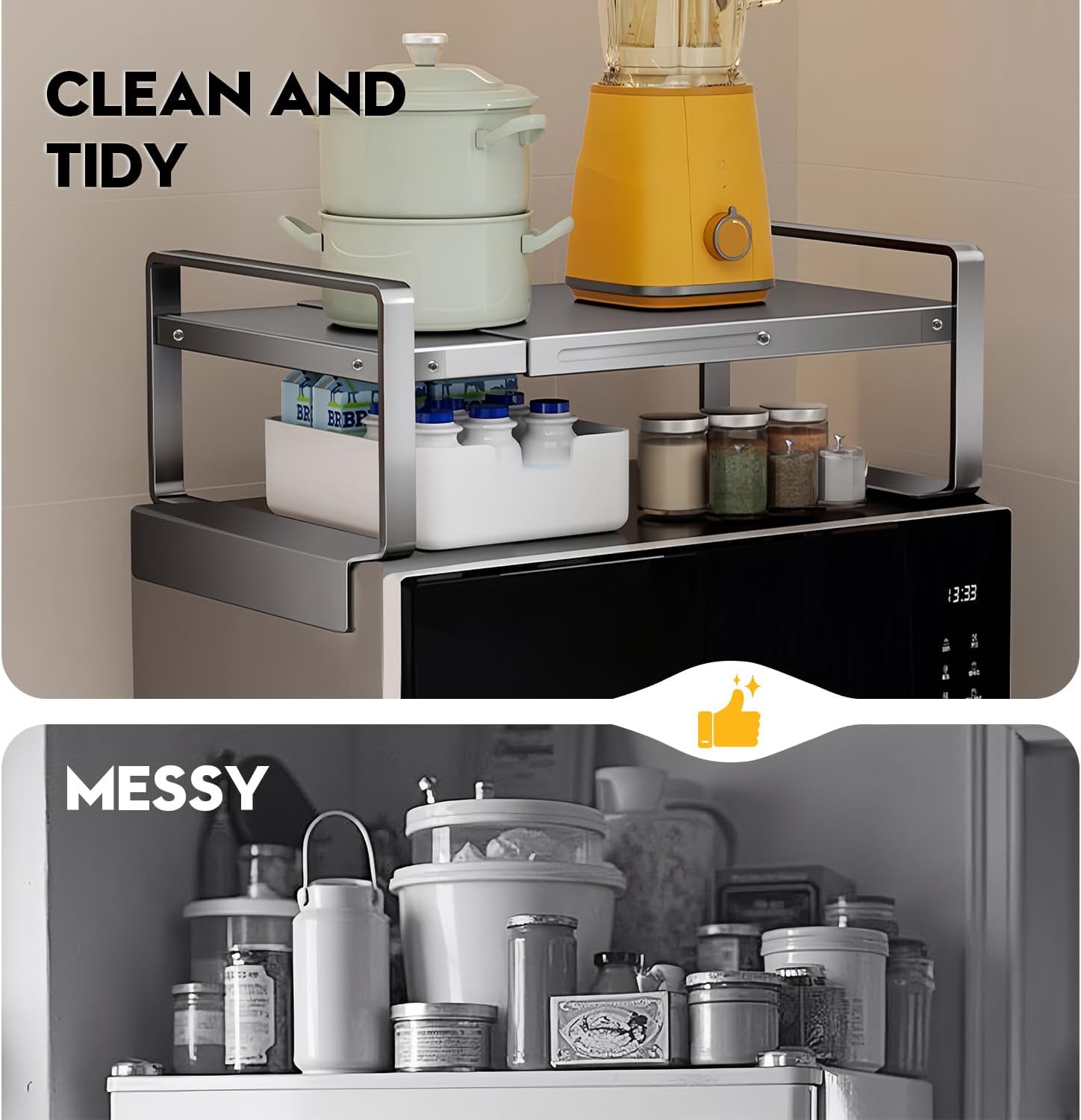 (17-31.5 inches) Adjustable Refrigerator or Washer Top Storage Rack - Expandable Organizer Shelf, L-Shaped Protective Card Slot Design for Kitchen, Laundry Room, Dorm -Durable Metal Space Saver-Large
