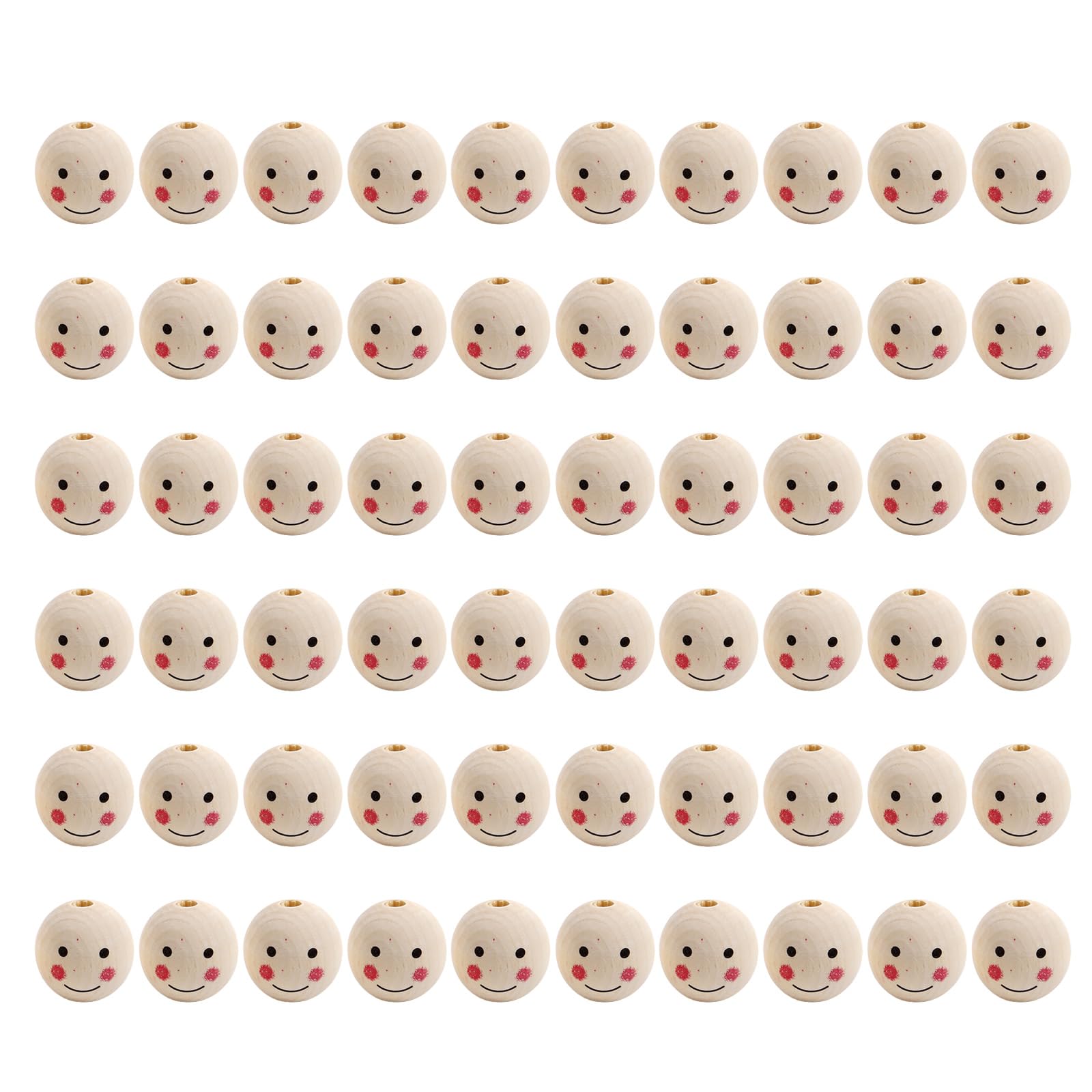 Tsophreniq 60Pcs Wood Faced Beads, Smiles with Holes, Natural Wood Round Loose for and Jewelry Making Wooden with Face