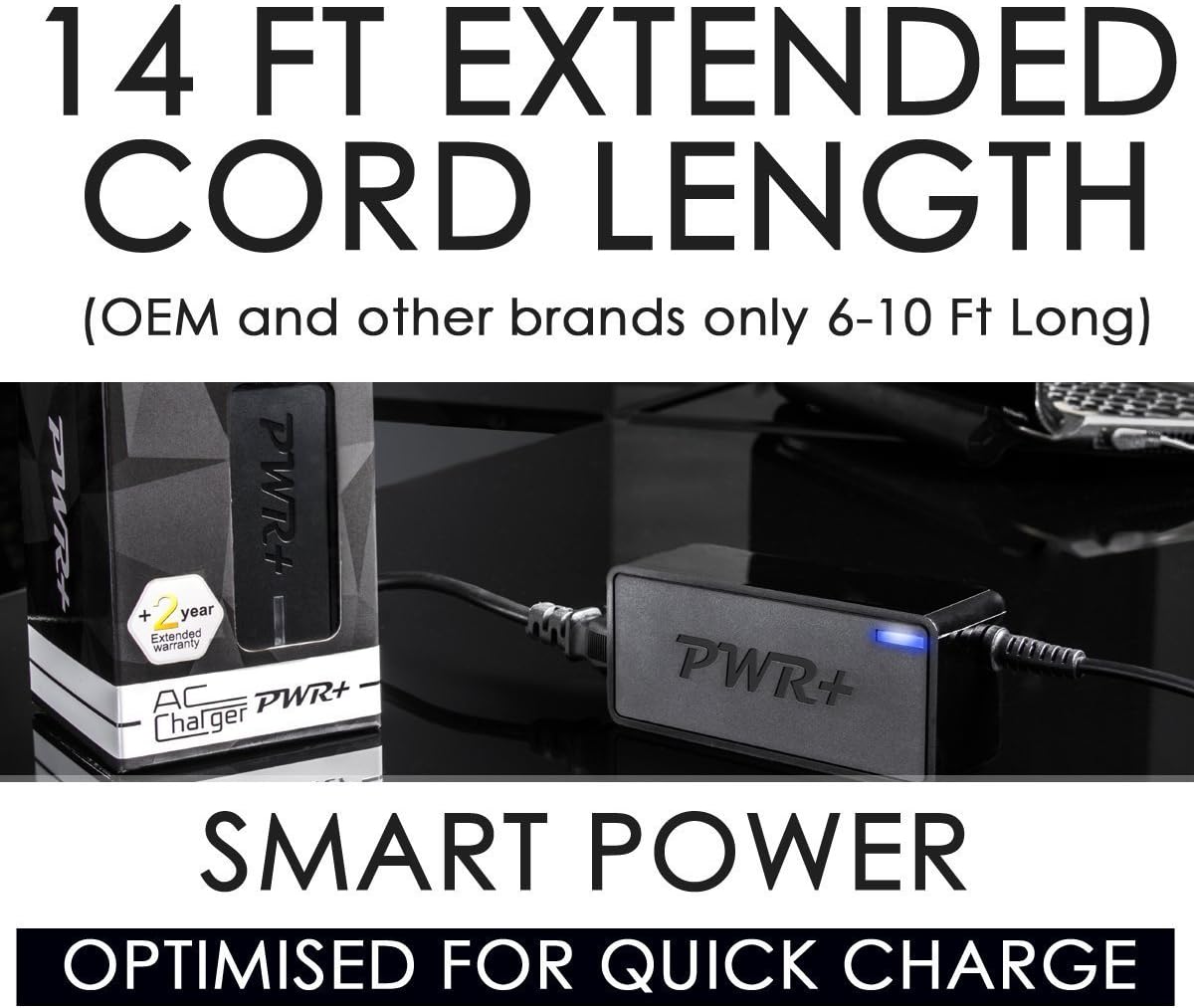 Pwr+® 90W Extra Long 14 Ft AC Adapter Laptop Charger for Samsung NP-Rv511 Rv510 Rv515 Rv520 R580 R540 Qx410 Qx411 R480 Rc512 Q430 P10 R631 R720 R730 R780 R530 Rf510 Rf511 RF711 RV711 P500 Sf510 Q1 X10 X420 X460 Aa-pa1n90w Ad-9019s Ba44-00215a Power-Supply-Cord