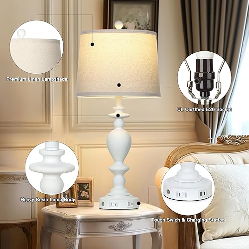Miniatura 7 de Juego de 2 lámparas de mesa blancas de 28 pulgadas con puertos USB C+A y salida de CA para sala de estar vintage, dormitorio rústico, lámpara táctil