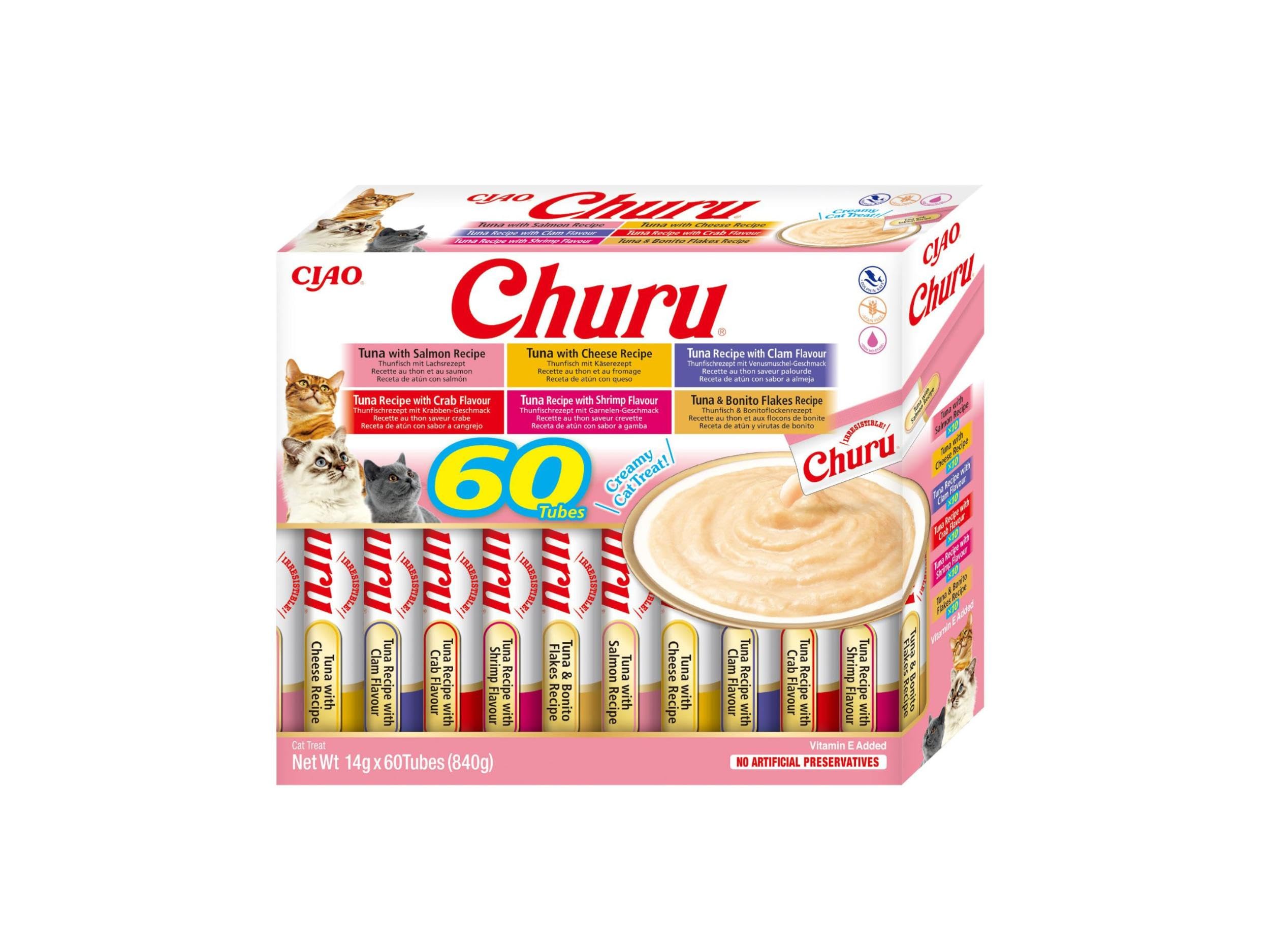 INABA Churu Premium Katzen Schleckies Einzelzutat mit Thunfisch, Getreidefrei, Zuckerfrei, Kalorienarm, besten Katzen Leckerlies für den Tierarzt, keine Nebenerzeugnisse, Creamy Cat Treats 60 x 14g