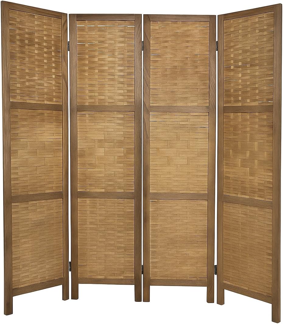 Proman Products Saigon 4 Panel Folding Screen Privacy Room Divider Partition Wall Separation, Wooden Frame, Bamboo Interwoven, Walnut