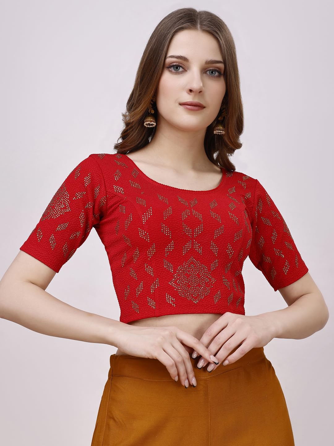 Pujia Mills Women's Readymade Hosiery Lycra Stretchable Round Neck Half Sleeve Blouse With Swaroski Work Fancy Lycra Stretchable Red Blouse For Women Readymade Saree Blouse