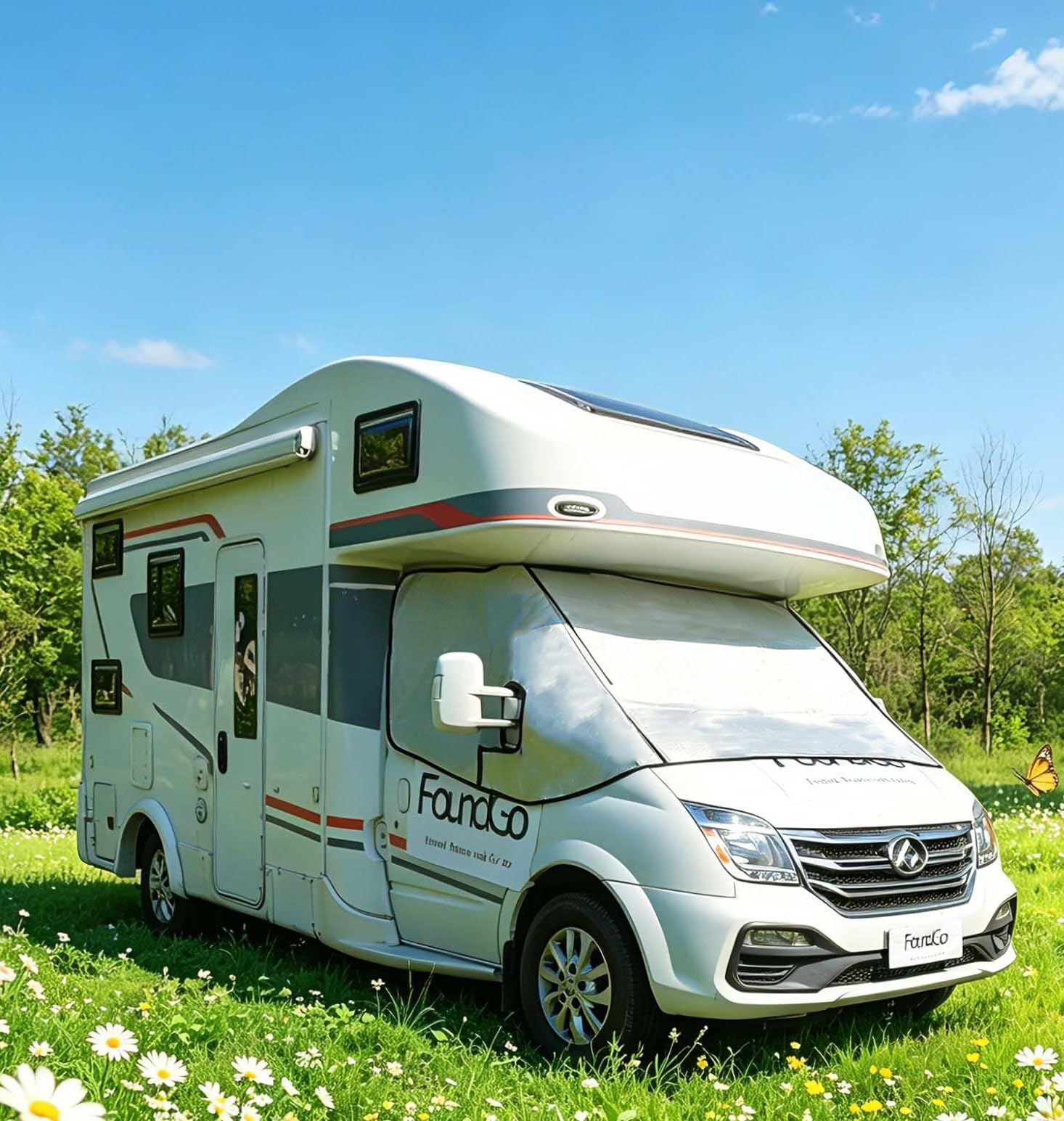 FoundGo Couvre-pare-brise avant pour camping-car avec fermetures éclair en aluminium argenté, housse isolante thermique avec poche, compatible avec FIAT Ducato, Peugeot Boxer, Citroën Relay X250/290 à