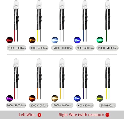 Miniatura 2 de DiCUNO 100 unidades (10 colores × 10 piezas) de 0.197 in precableados 12V diodos LED, 9.4 pulgadas9.4 in diodos emisores de luz ultra brillantes