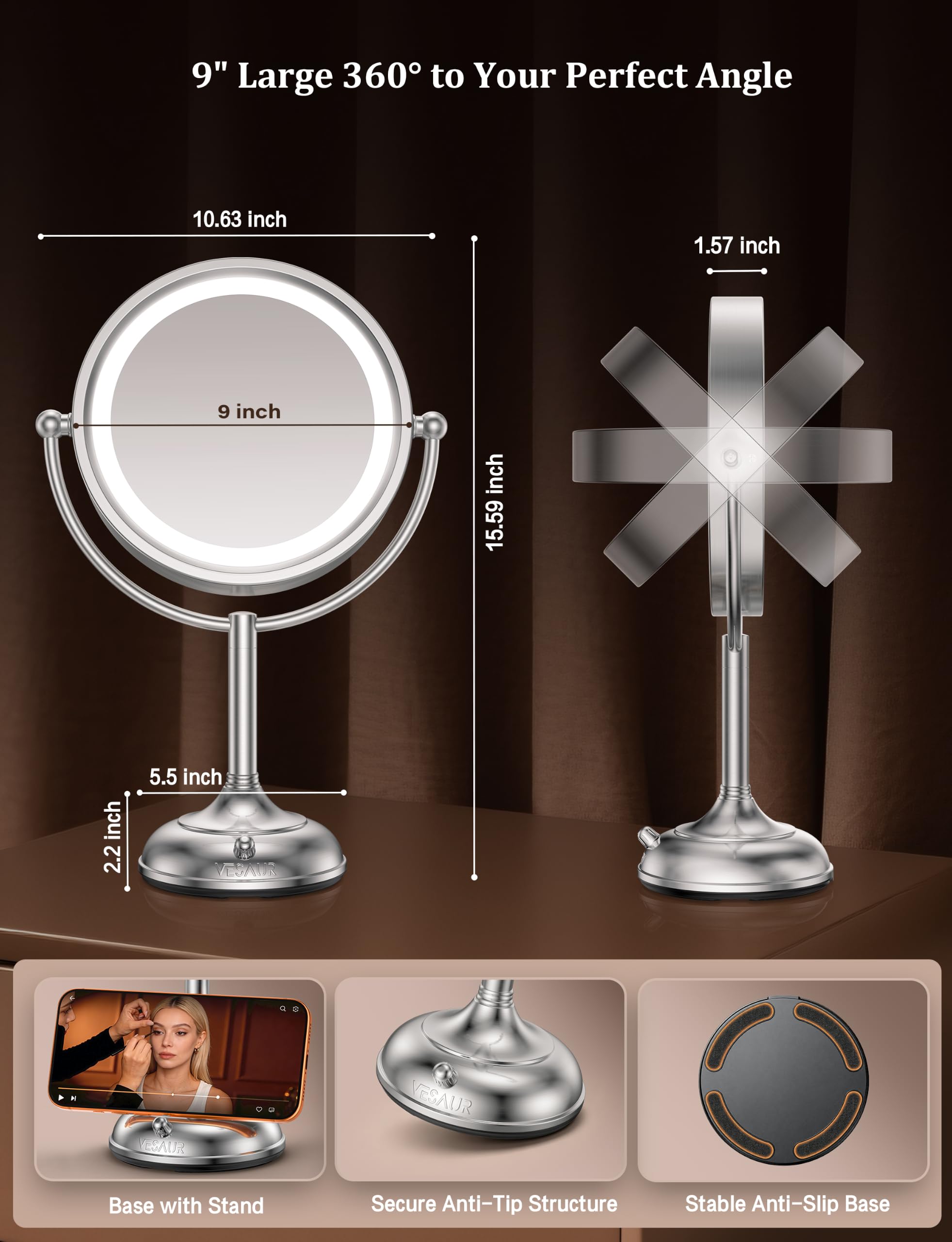 VESAUR 15X Magnifying Lighted Makeup Mirror, Rechargeable Double-Sided Vanity Mirror