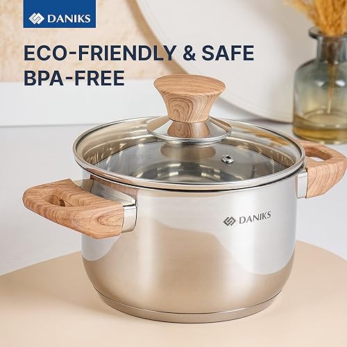 Miniatura 9 de Daniks Oslo - Juego de utensilios de cocina de inducción de acero inoxidable de 10 piezas, apto para lavavajillas, sartén, ollas con asas que se