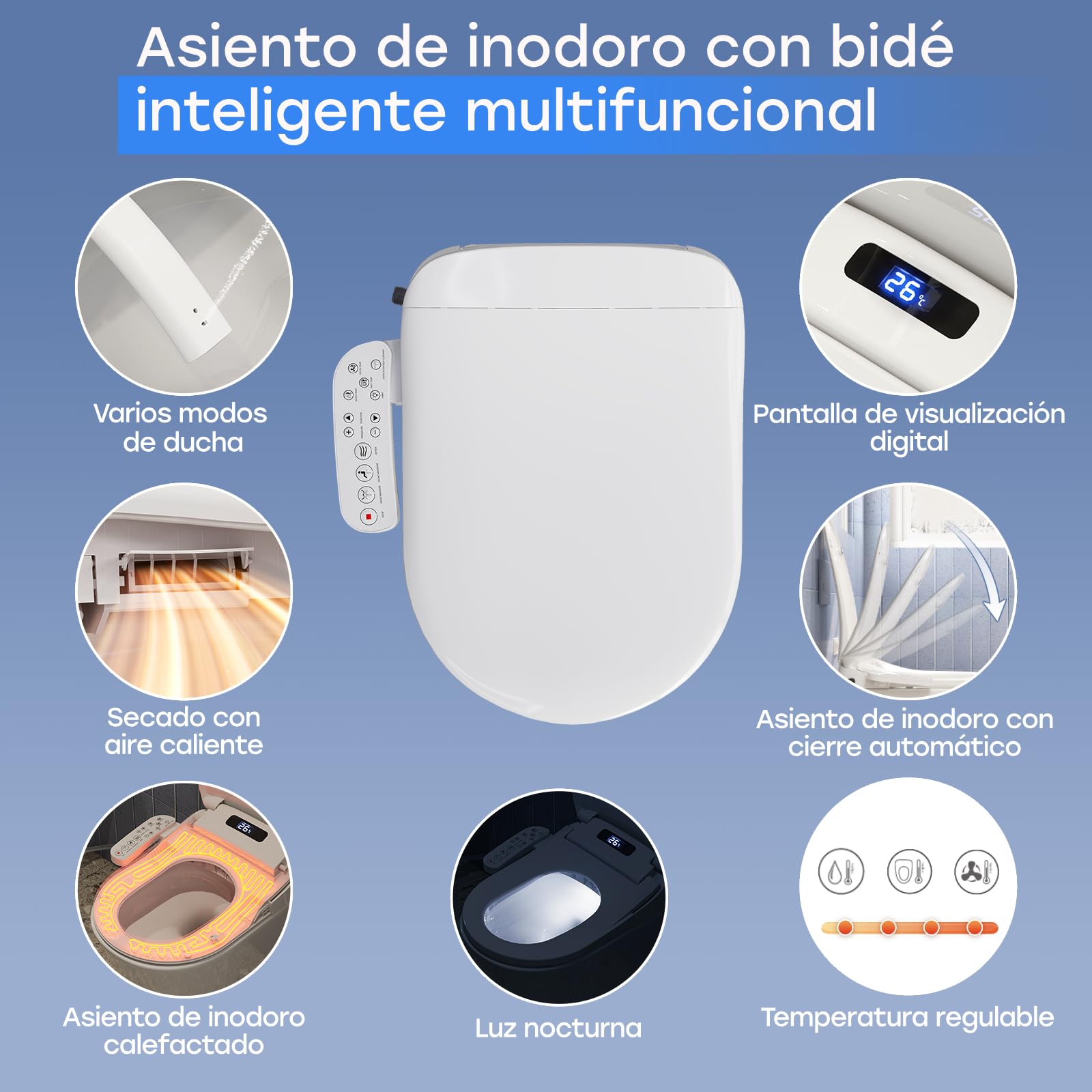 HOROW Asiento electrónico inteligente para bidé, asiento de inodoro con calefacción y control de temperatura, secadora integrada y luz nocturna, con filtro de agua, cierre suave y boquilla de