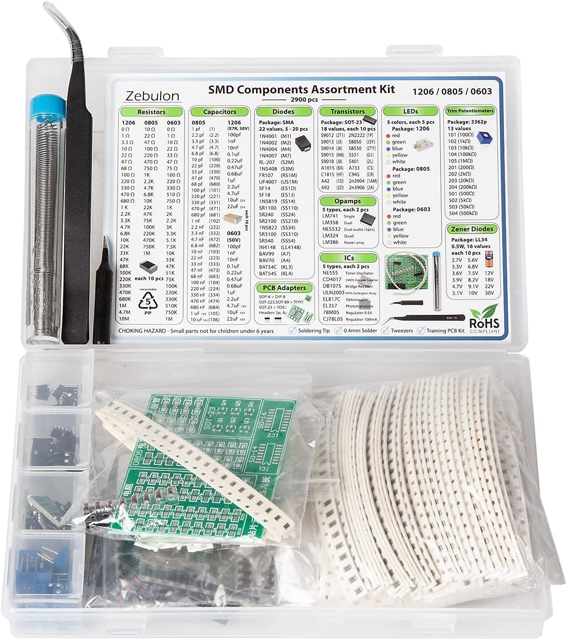2900 pcs SMD 1206 0805 0603 Component Assortment, Resistor, Capacitor, Diode, Transistor, OpAmp, IC, Solder, PCB, SMT Soldering Assorted Kit