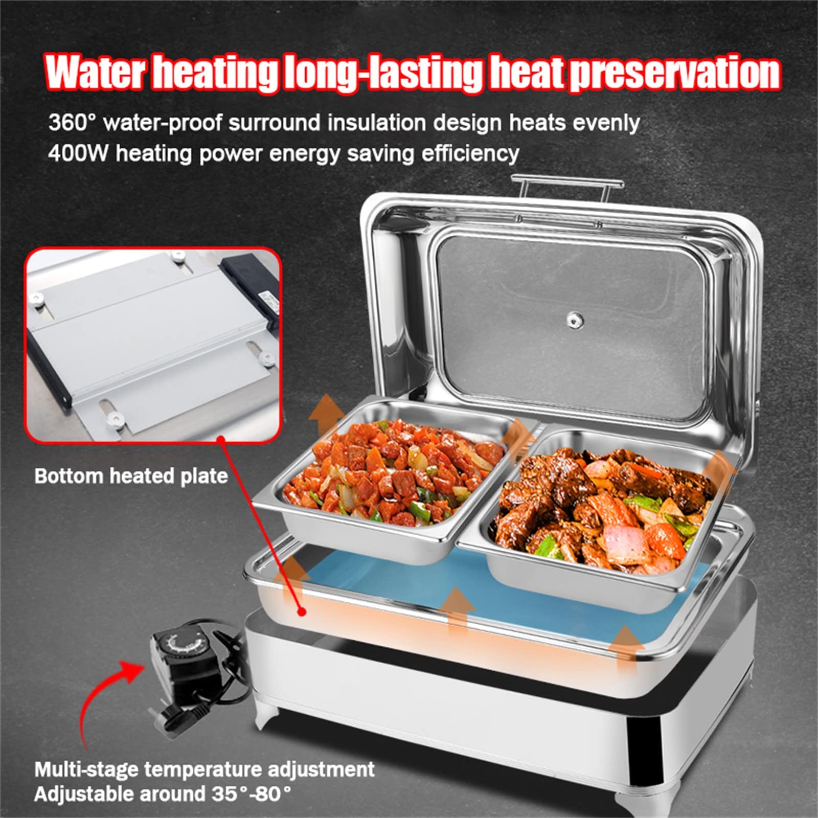 Scaldavivande Professionale a Buffet Per Piatti a Buffet, Chafing Dish Scaldavivande Elettrico Acciaio Inox,Server a Buffet Rettangolare Catering Warmer,Coperchio Visibile in Vetro,Rimovibile-9l(Size: