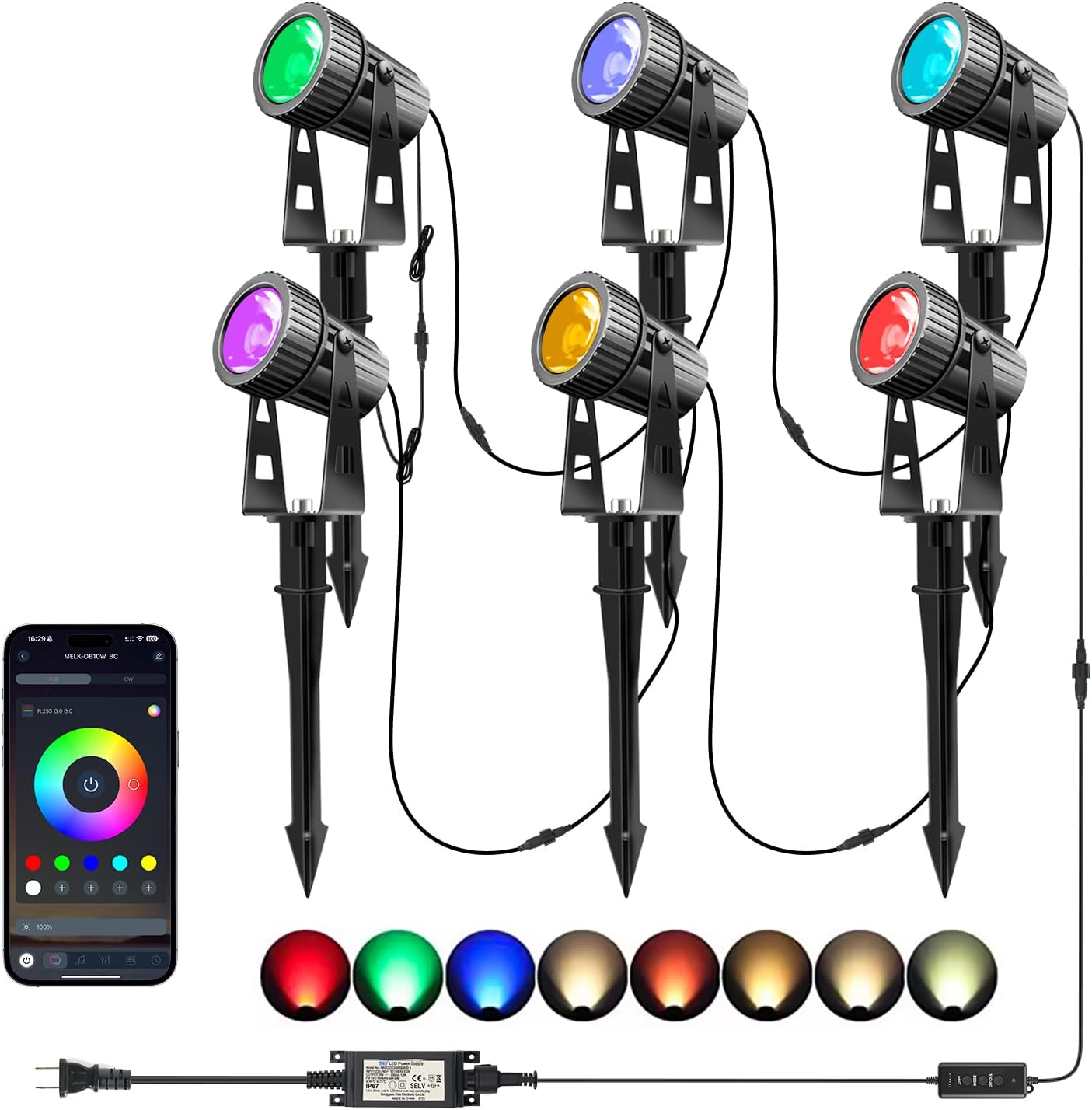 Smart Landscape Lighting,Bluetooth App Controll Spotlight,24V Low-Voltage Landscape Lighting,Garden Spotlights Outdoor (IP65 Waterproof), Music Sync, Timer Function, Color Memory