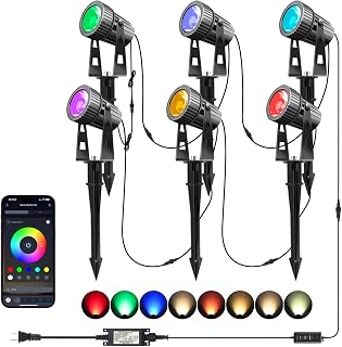 Smart Landscape Lighting, Bluetooth RGBW Spotlight,24V Low Voltage Landscape Lighting,Garden Spotlights Outdoor IP65 Waterproof, Music Sync,Timer Function, Color Memory (6 Pack)