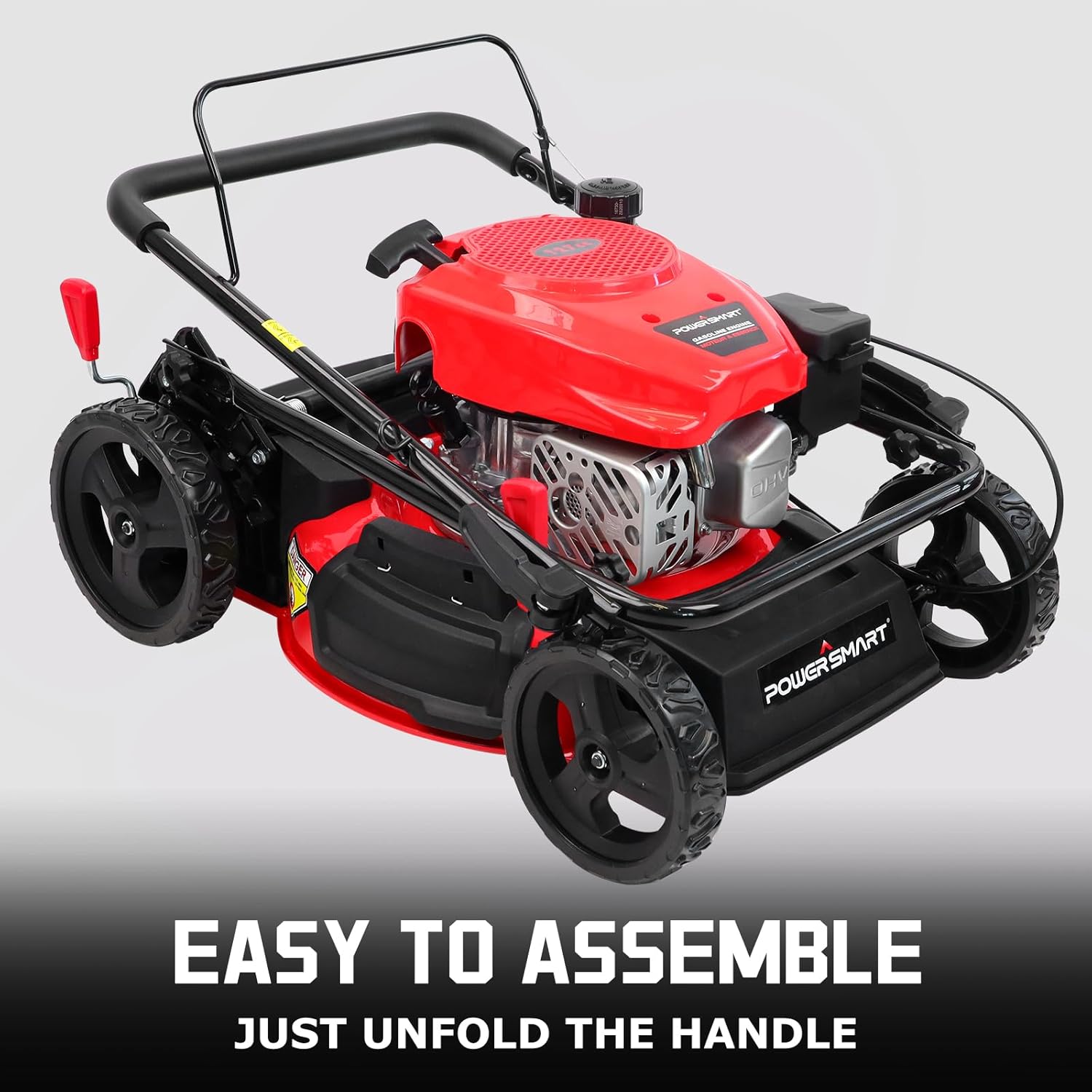 PowerSmart lawn mower with handle unfolded, text 'EASY TO ASSEMBLE JUST UNFOLD THE HANDLE'