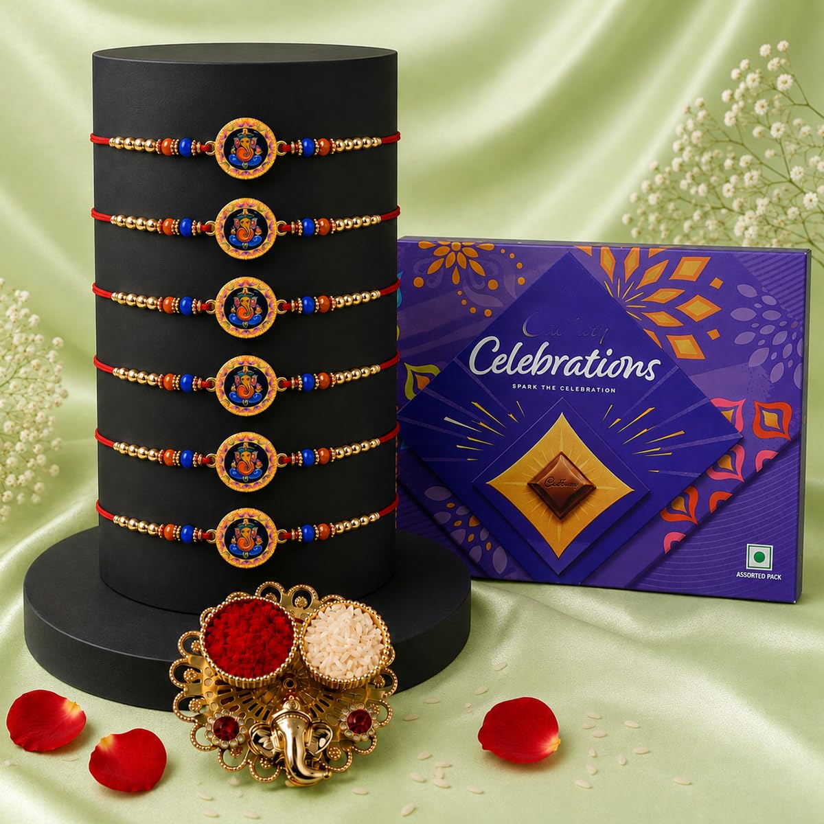 Saugat Traders Ganesh Ji Rakhi Set of 6 for Brothers with Chocolate Gift Box -Six Ganesha Rakhee Bhai- Divine Rakhee Combo Pack with Roli Chawal Chopra for Men