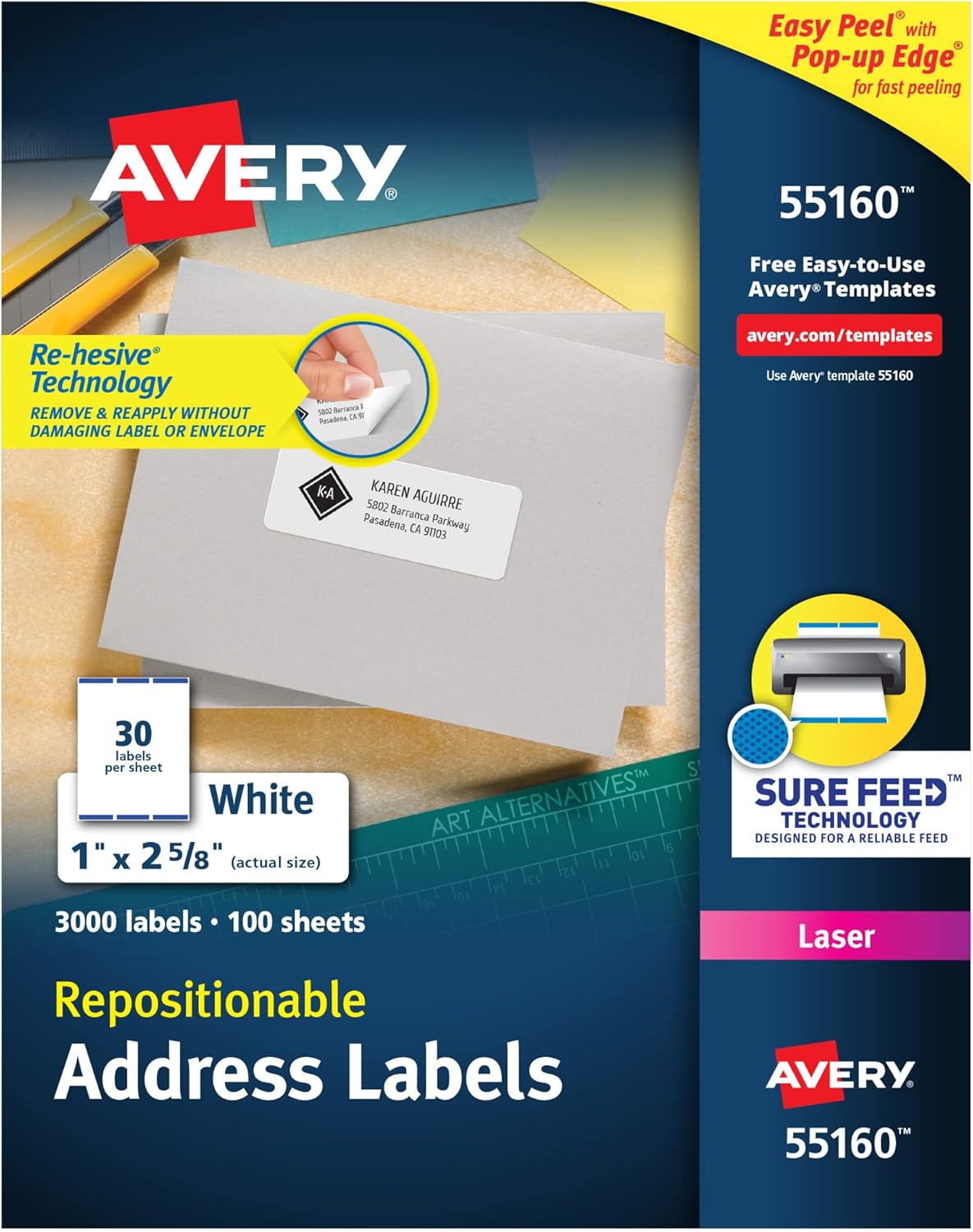 Avery Repositionable Printable Address Labels with Sure Feed, 1" x 2-5/8", White, 3,000 Blank Mailing Labels (55160)