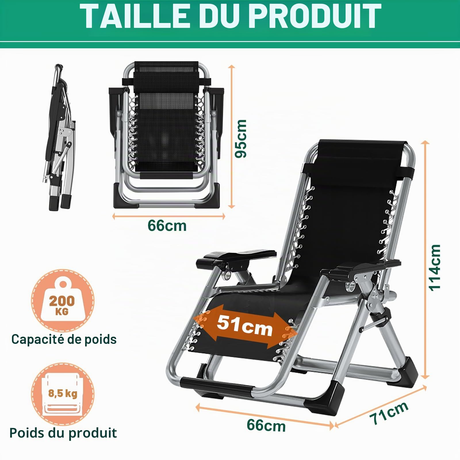 Chaise Longue Pliable avec Coussin et Poche latérale, Double Usage, pour Salon, Balcon, Jardin, Plage ou Piscine