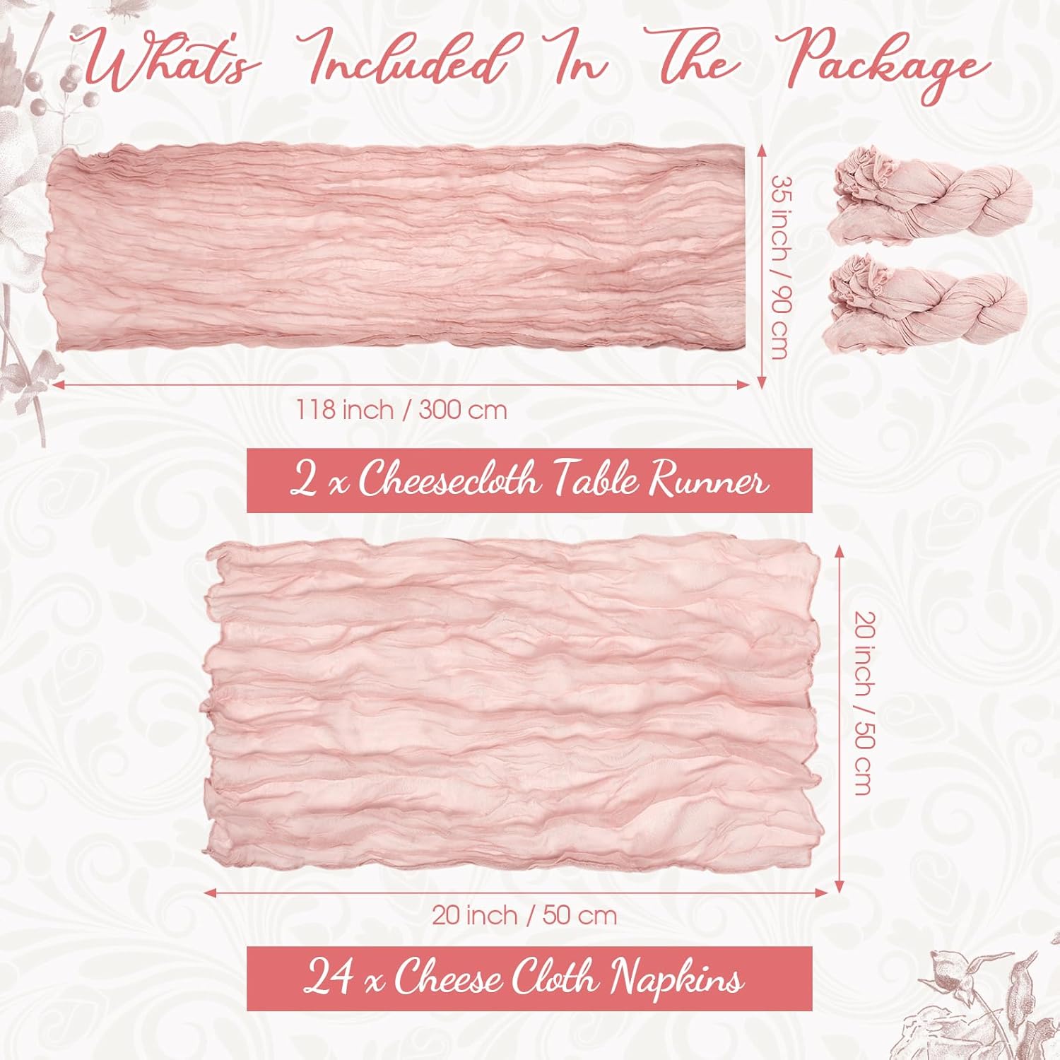 2 Cheesecloth Table Runners and 24 Napkins Set, 10Ft Boho Cheese Cloth Table Runners 20 x 20 Inch Rustic Wrinkled Gauze Napkins for Wedding Birthday Baby Shower Party Decor (Dusty Pink)