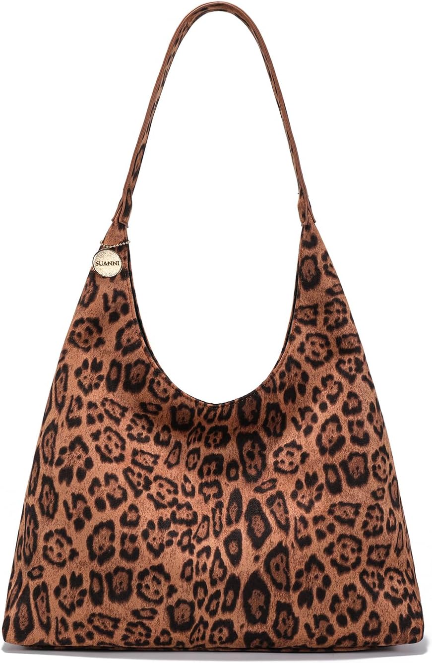 Brown Suede Bag for Women, Leopard Print Tote, Vegan Leather Purse, Large Slouchy Shoulder Hobo Handbags With Zipper