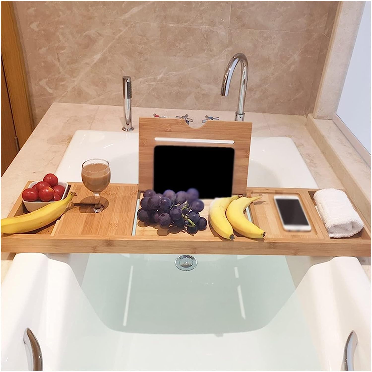 Bathtub Caddy Tray Table Bamboo Bath Rack Book Wine Glass Tablet Phone Holder