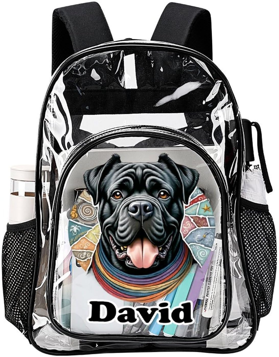 Clear Daypack for Kids Adults with Name Custom, Multifunctional Cool Bulldog Shar Pei Pug Transparent Backpack for College, Workplace, Personalized Back to School Gifts - Image 7