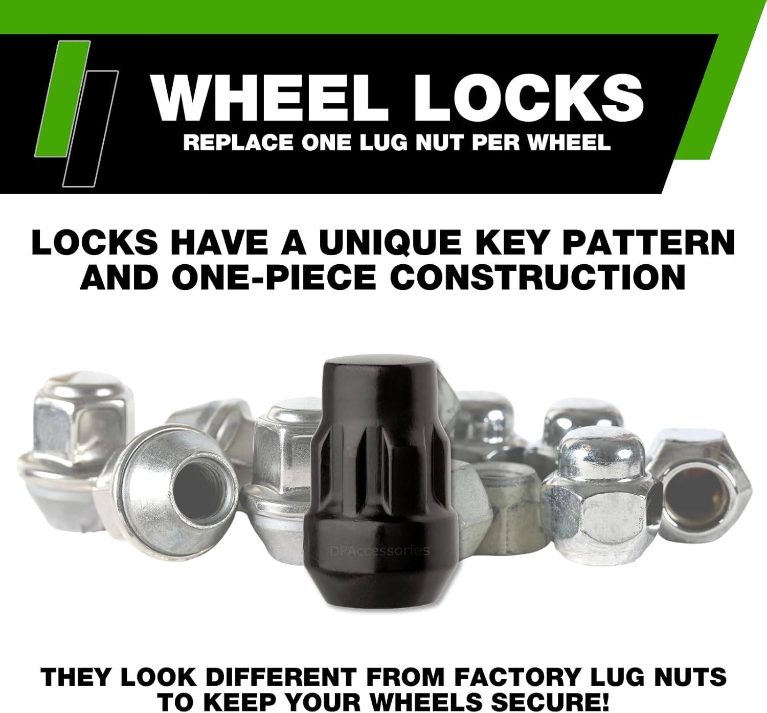 DPAccessories Locking Lut Nuts Compatible with 2004-2015 Nissan Titan | for Factory Aluminum Wheels Only | Set of 4 Black Wheel Locks & 1 Key | DNITTN01F-BK/LK1