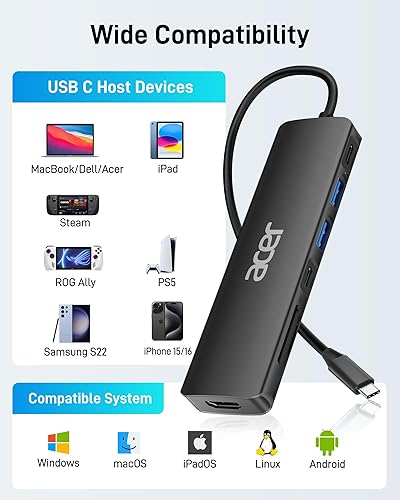 Miniatura 7 de Acer USB C Hub, Dock USB-C a HDMI 7 en 1, 2 USBA 3.1 GEN1 y puerto de datos Type-C de 5Gbps, puerto HDMI 4K, carga PD de 100W, lector de tarjetas